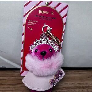 Piper K Women Bag Charm Keychain Pink Velvet Bear Rhinestone Tiara OS Glam